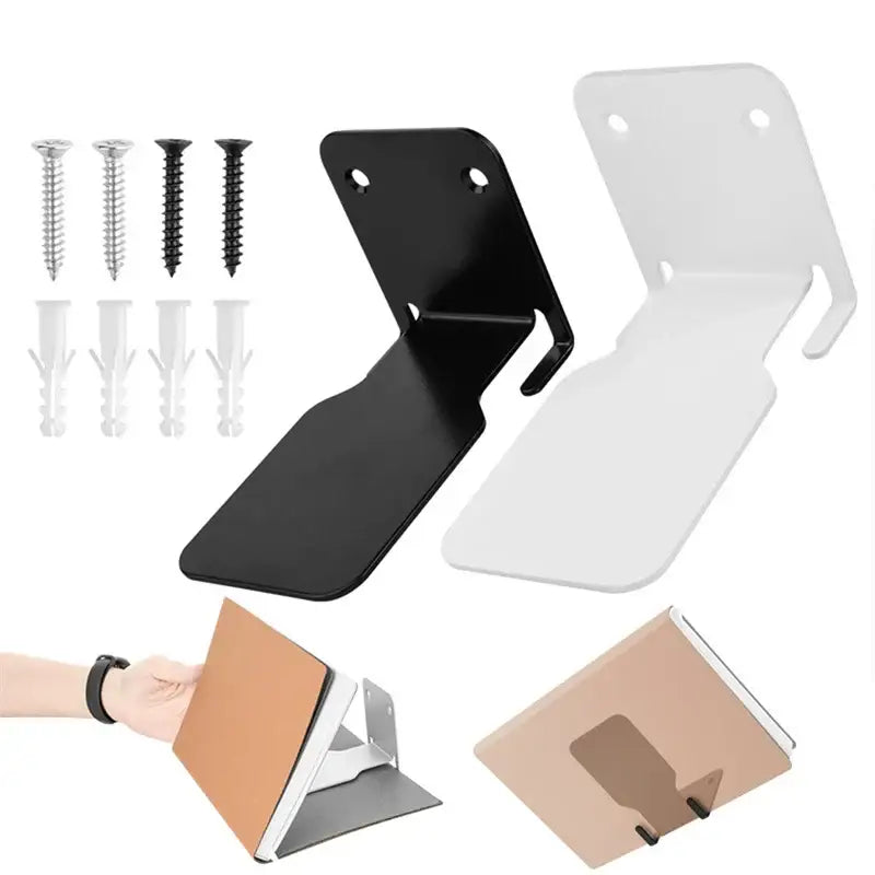 Decorbites™ 2pcs floating bookshelf set with black and white adjustable metal tablet stand for devices