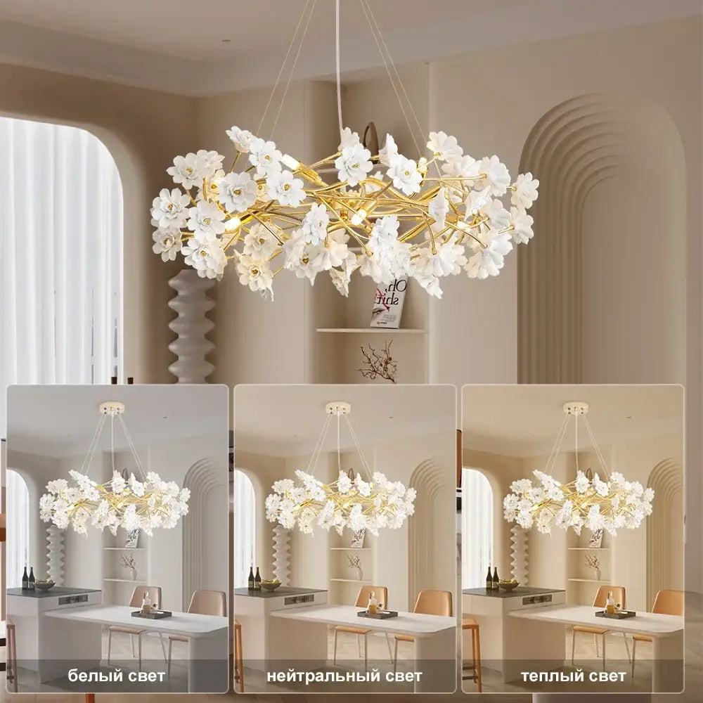 Decorbites™ floral french white ceramic chandelier with delicate white flower design and golden metallic stems for romantic decor