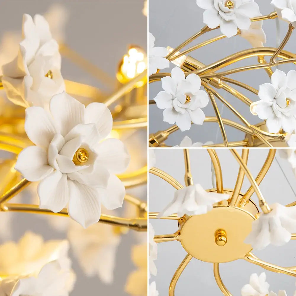 DecorBites™ floral french white ceramic chandelier with gold centers on a golden frame white flower chandelier