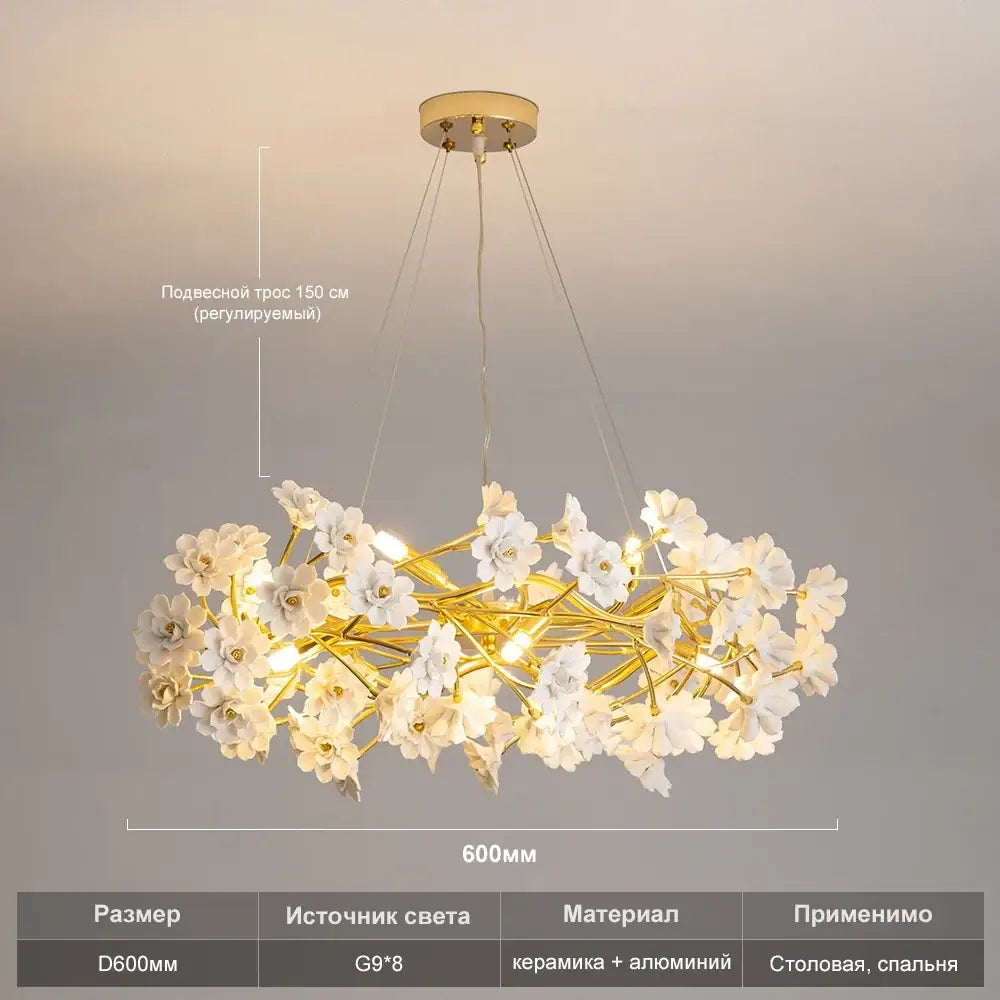 Decorbites™ floral french white ceramic chandelier with gold branches and adjustable 150cm cord for dining or bedroom