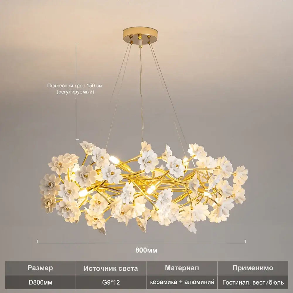 Decorbites™ floral french white ceramic chandelier with 12 g9 led bulbs and gold-toned metal branches white flower chandelier