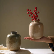 Beige decor ceramic vase 13.5cm high with glossy finish and red berries on slender branches for flower decor