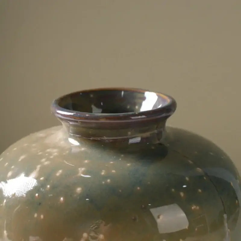 Decorbites™ flower decor ceramic vase 13.5cm high with glossy speckled green glaze and dark brown rim ceramic vase