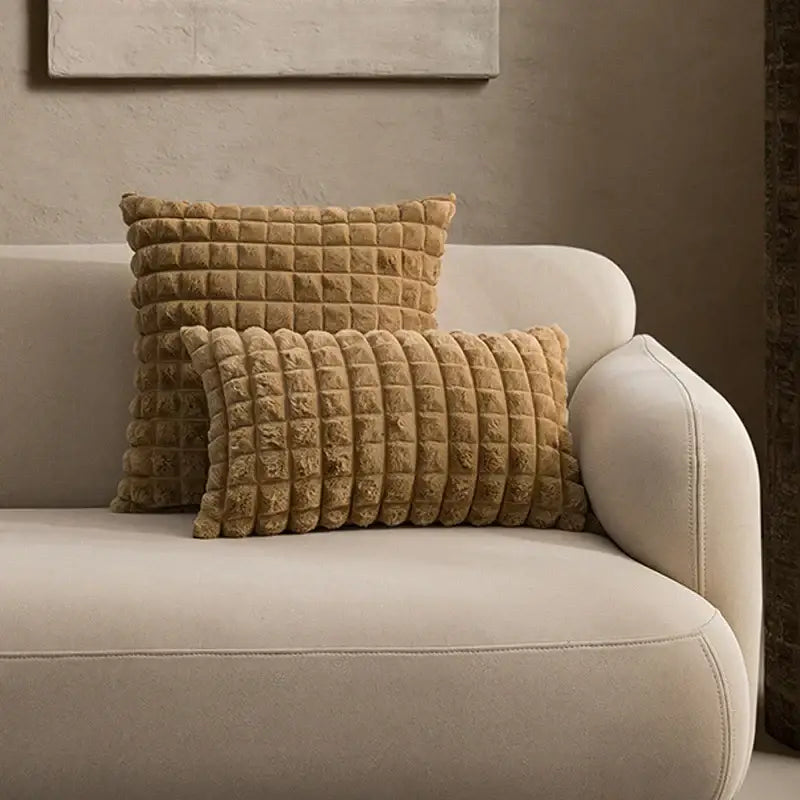 Tan plush quilted throw pillows featuring decorbites fluffy faux cushion cover with soft textured surface cream brown