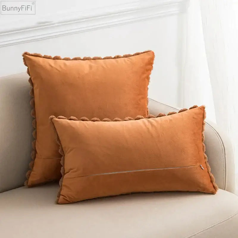 Warm orange velvet throw pillows with soft scalloped pom-pom trim for decorbites fluffy faux fur cushion cover