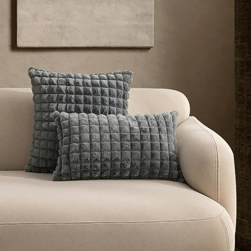 Gray quilted decorbites fluffy faux fur cushion cover with soft textured surface for living room decor