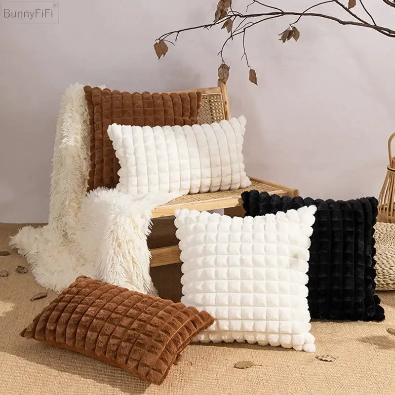 Plush square throw pillows with decorbites fluffy faux fur cushion cover in cream brown quilted texture and soft trim