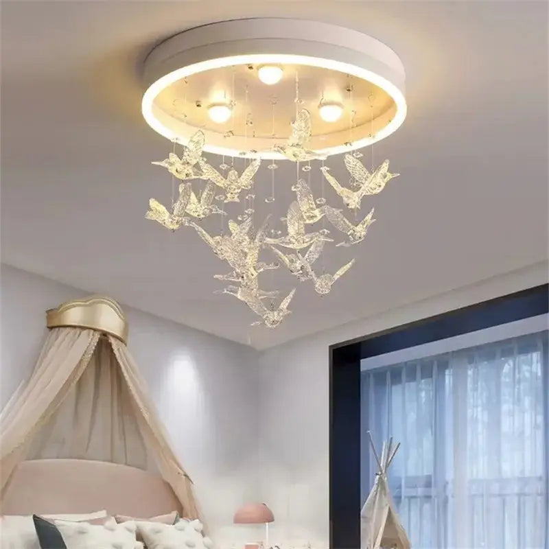 Decorbites flying bird white crystal ceiling light with clear crystal bird ornaments for bedroom lighting