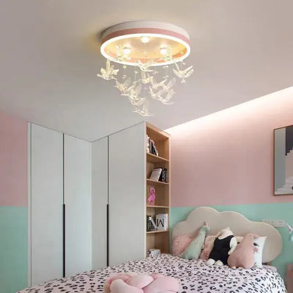 Round decorbites flying bird ceiling light with pink white rim and clear crystal bird ornaments for bedroom decor