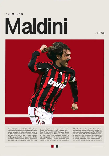Decorbites™ football star champion poster canvas wall art featuring ac milan paolo maldini in red and black jersey