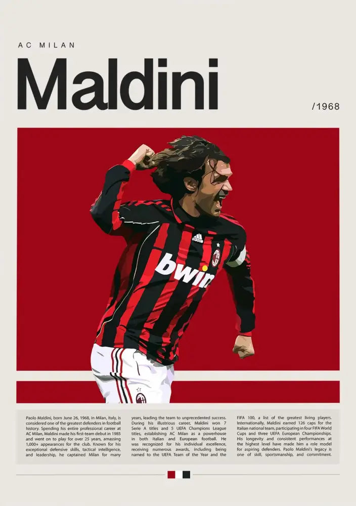 Decorbites™ football star champion poster canvas wall art featuring ac milan paolo maldini in red and black jersey