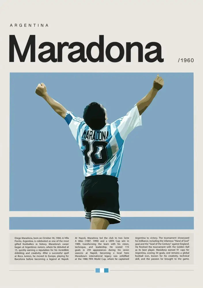 DecorBites™ football star champion poster canvas wall art showing diego maradona in blue and white jersey number 10