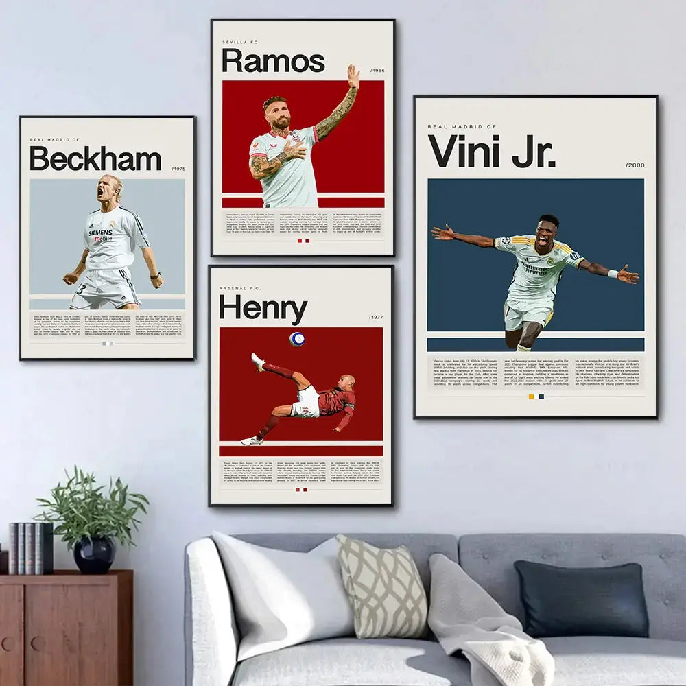Four framed DecorBites™ football star champion wall art posters featuring Beckham Ramos Vini Jr and Henry in team kits