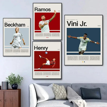 Four framed DecorBites™ football star champion wall art posters featuring Beckham Ramos Vini Jr and Henry in team kits