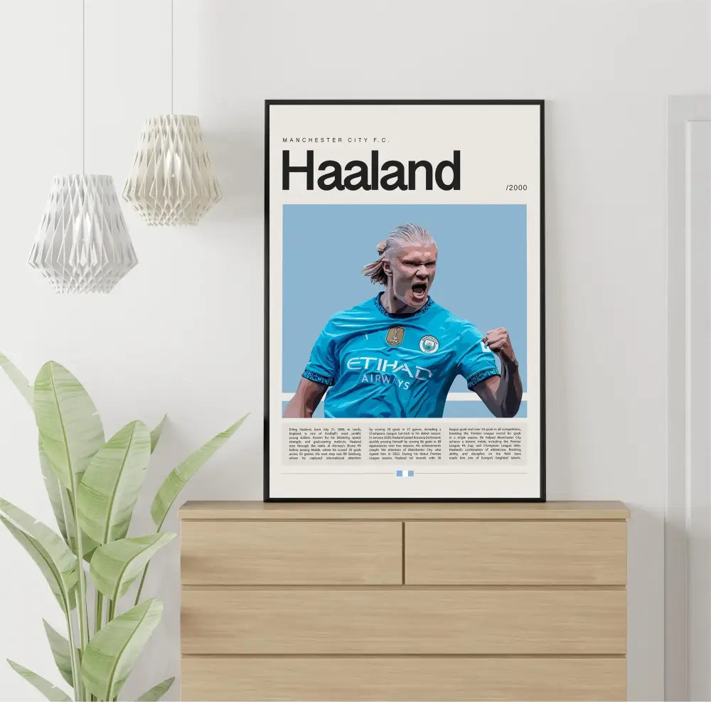 A framed vibrant blue manchester city f.c football star champion poster canvas wall art by decorbites™