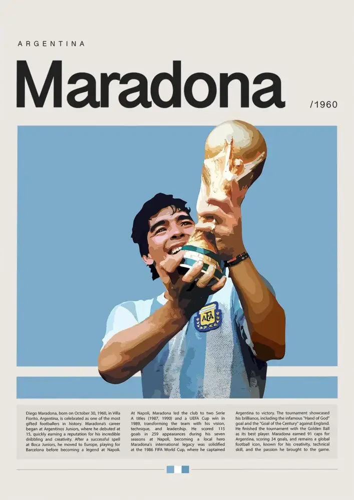 DecorBites™ football star champion poster canvas wall art featuring golden FIFA World Cup trophy held by Diego Maradona