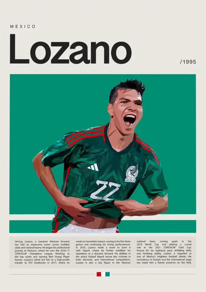DecorBites football star champion poster canvas wall art featuring green Mexico national team jersey with number 27