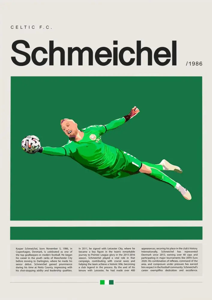 Green goalkeeper jersey with gloves and shorts featuring a white logo in decorbites football star champion wall art