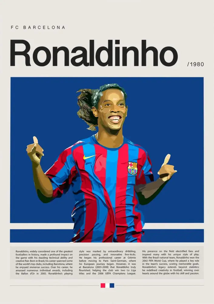 Ronaldinho football star champion poster canvas wall art featuring red and blue fc barcelona jersey and club crest