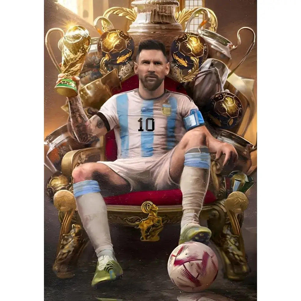 Decorbites™ football star m-messi poster featuring lionel messi on a golden throne with the world cup trophy