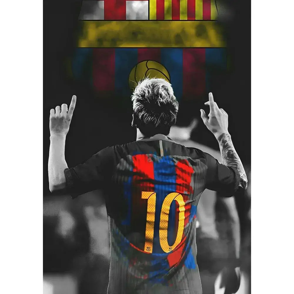 Back view of a black soccer jersey with red and blue stripes and gold number 10 in decorbites football star m-messi poster