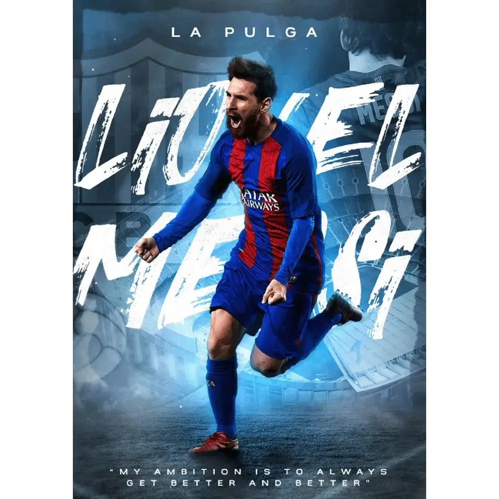 Decorbites football star m-messi poster featuring lionel messi in blue and red striped qatar airways jersey