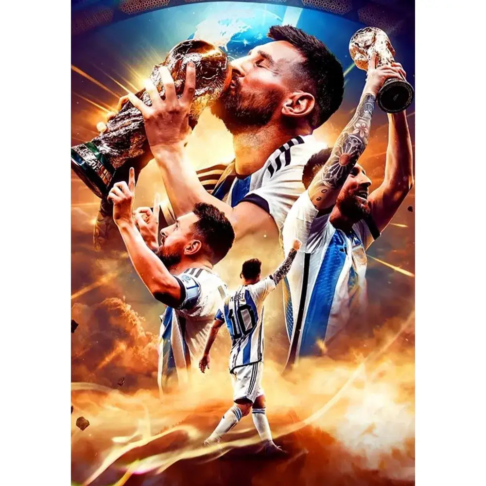 Golden fifa world cup trophy kissed by football star in argentina jersey on decorbites™ football star m-messi poster