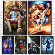 Framed DecorBites™ football star m-messi poster featuring vibrant artwork, golden trophies, and iconic jersey numbers for home decor