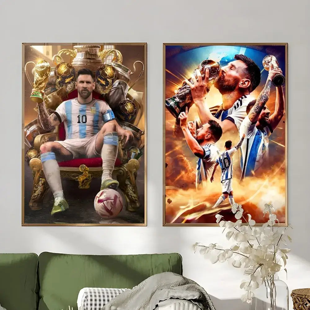 Two framed decorbites™ football star m-messi posters featuring lionel messi in argentina jerseys celebrating trophies