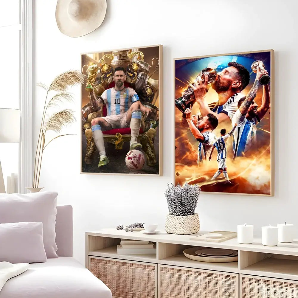 Two framed decorbites™ football star m-messi posters featuring lionel messi in argentina jerseys celebrating victories and trophies