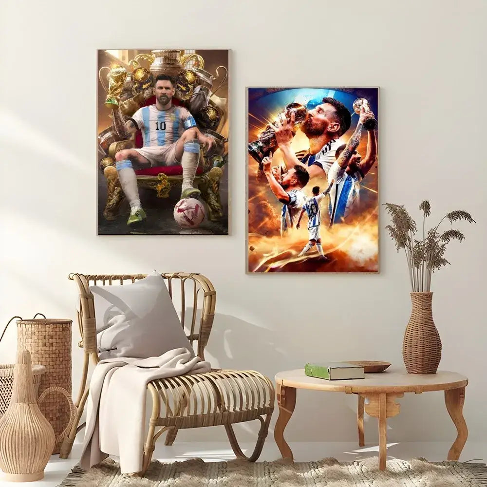 Two framed decorbites™ football star m-messi posters featuring lionel messi in celebratory and regal poses with argentina jersey