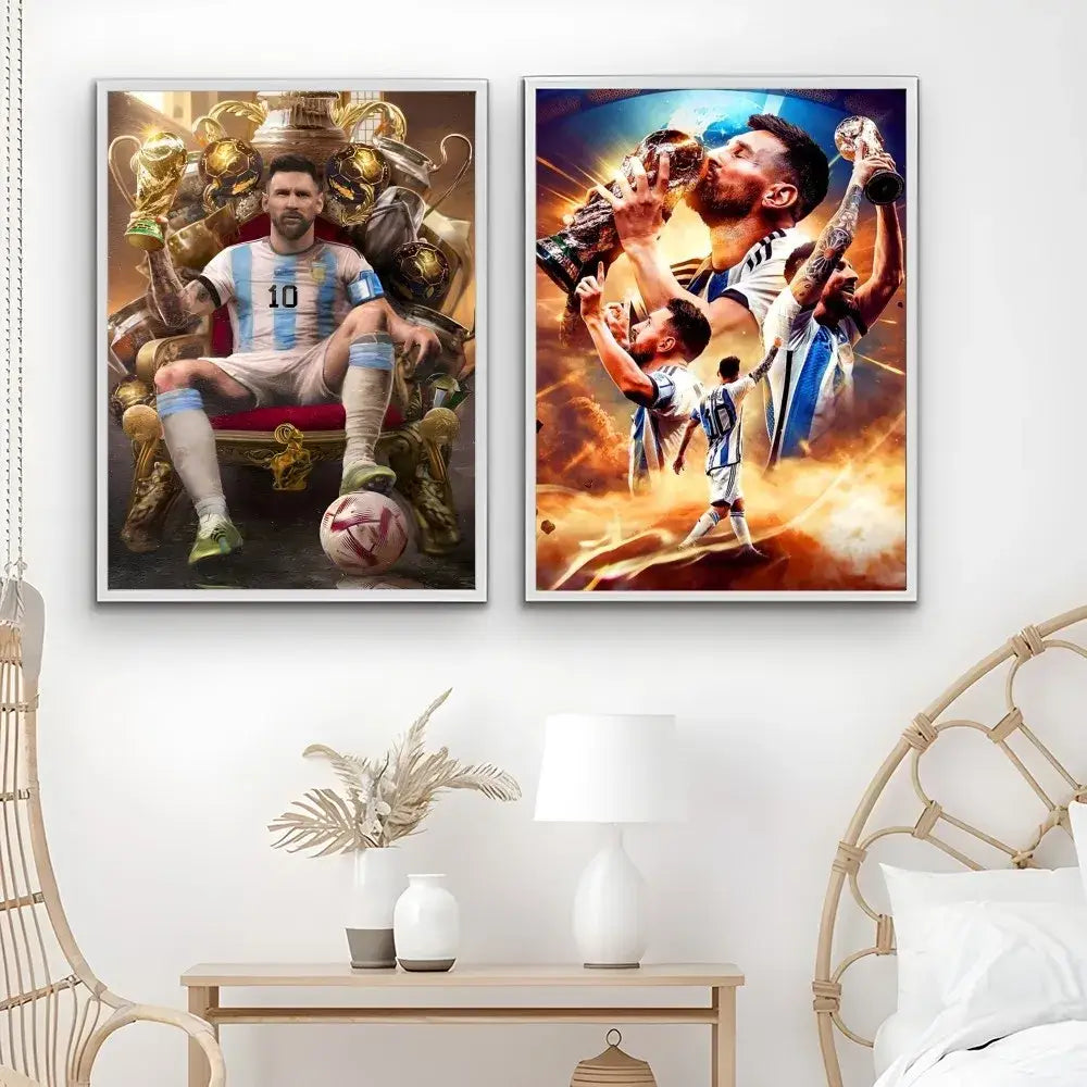Two framed sports-themed artworks of lionel messi featuring a throne with trophies and a triumphant celebration for home decor football star m-messi poster