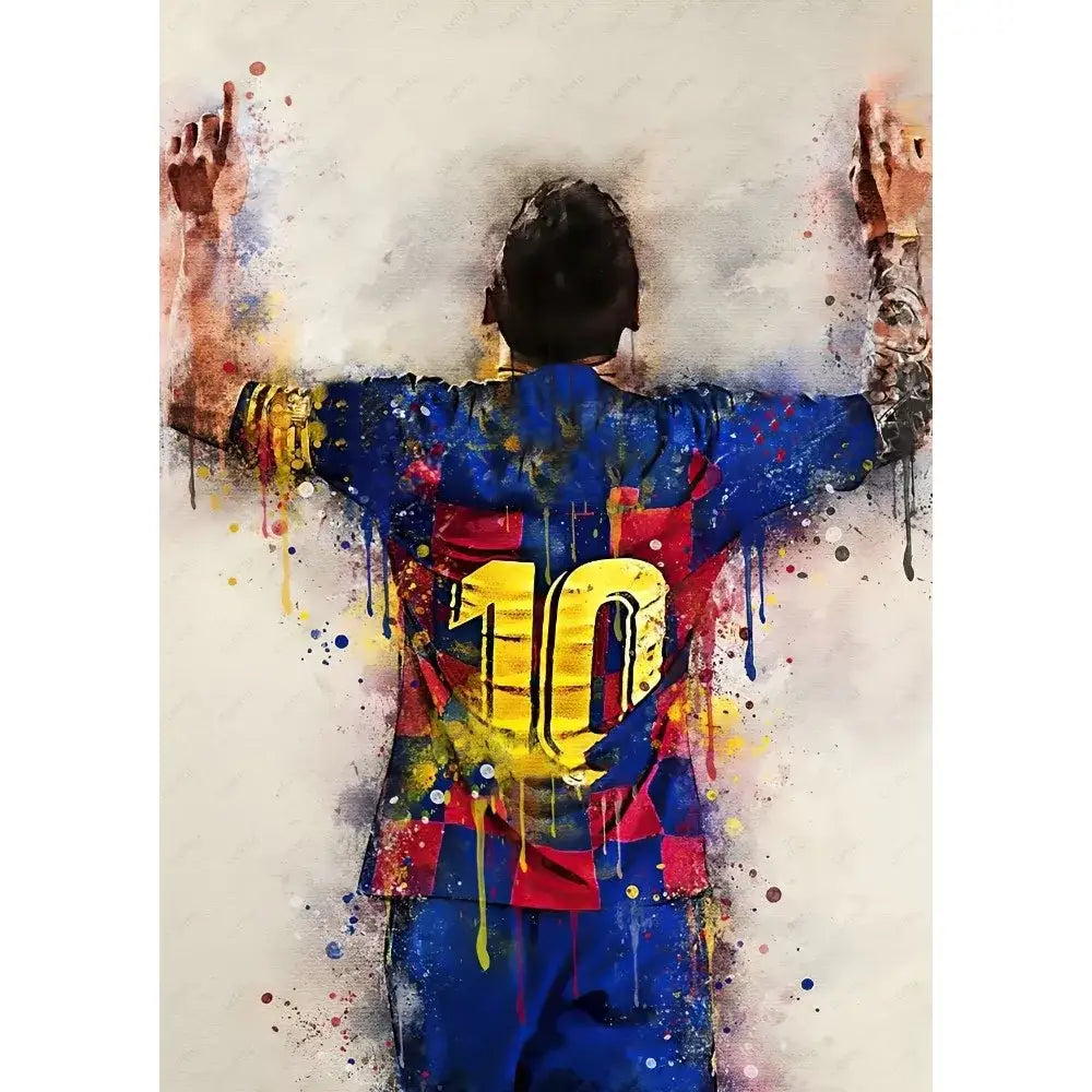 A vibrant splattered watercolor football star m-messi poster featuring number 10 in blue and red stripes for home decor