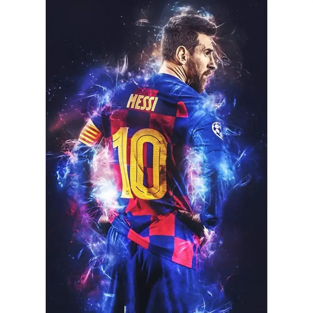 A vibrant DecorBites™ football star m-messi poster featuring a soccer player in a blue and red striped jersey