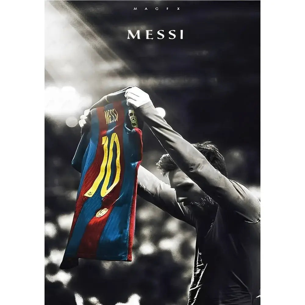 A vibrant blue and red striped football star m-messi poster jersey with bold yellow number 10 and gold crest