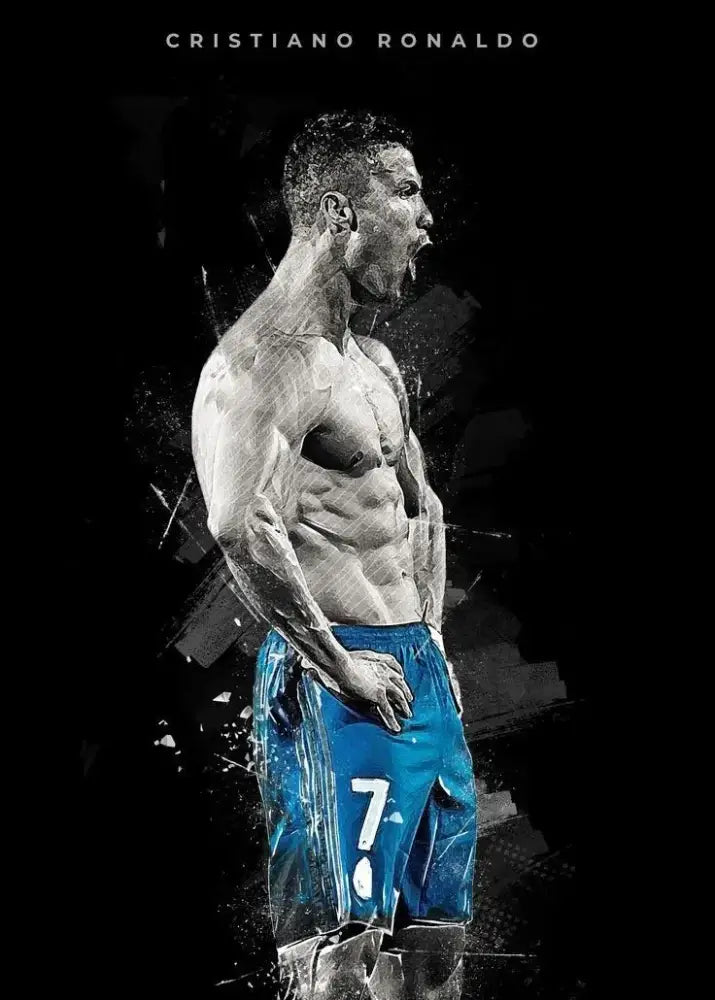 Stylized black and white illustration of cristiano ronaldo in blue shorts on decorbites™ football star posters canvas prints