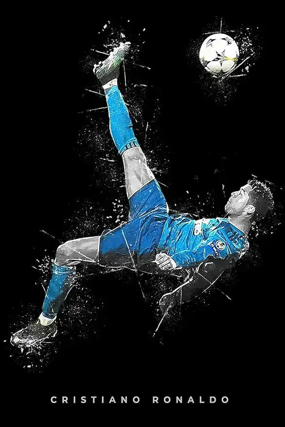 A dynamic digital football star poster featuring a mid-air player in vibrant blue on canvas for home decor