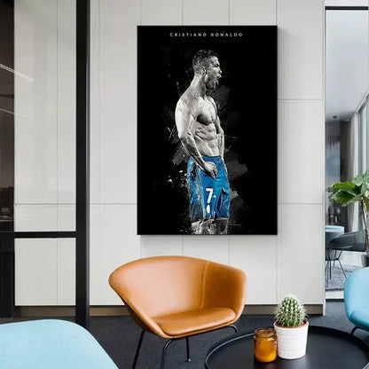 Black and blue stylized portrait of Cristiano Ronaldo football star poster on canvas print for home decor DecorBites