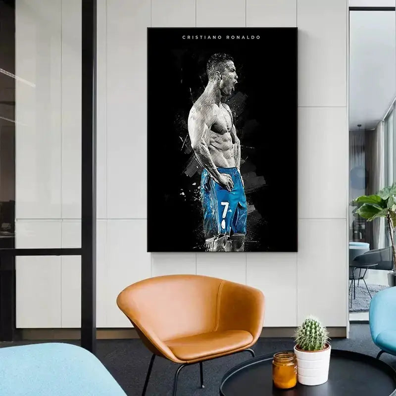 Black and blue stylized portrait of Cristiano Ronaldo football star poster on canvas print for home decor DecorBites