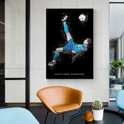 Black-framed canvas print of football star posters featuring cristiano ronaldo in blue and white gear mid-air kick for home decor