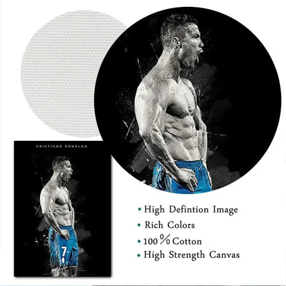 Black-and-white artistic canvas print of football star cristiano ronaldo in blue shorts number 7 on cotton canvas decorbites star posters