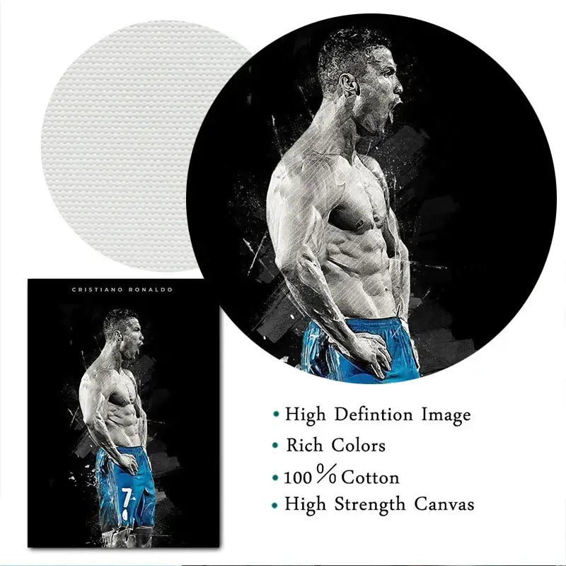 Black-and-white artistic canvas print of football star cristiano ronaldo in blue shorts number 7 on cotton canvas decorbites star posters