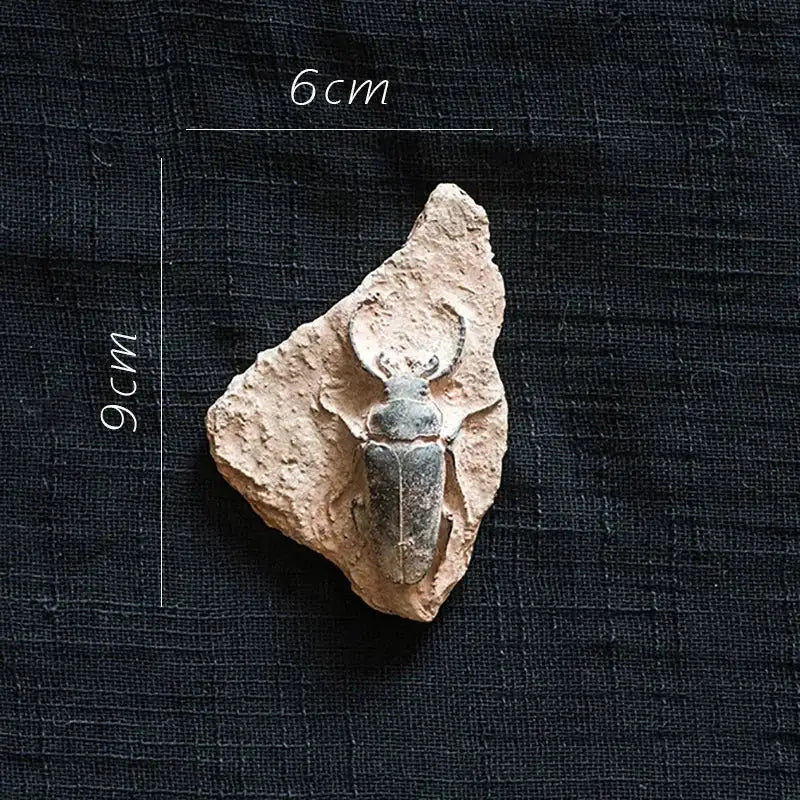 A decorbites fossil series refrigerator sticker featuring a fossilized beetle in light brown textured rock matrix