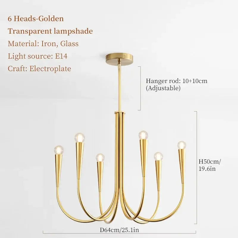 Golden six-head decorbites french candle led chandelier with transparent glass lampshades and electroplated iron frame