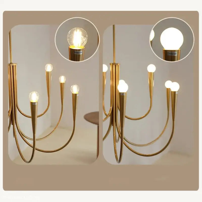 Gold-toned decorbites french candle led chandelier with slender curved arms and multiple spherical bulbs for kitchen lighting