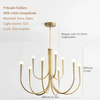 Golden electroplated decorbites french candle led chandelier with nine curved arms and milk white glass lampshades