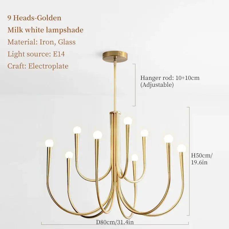 Golden electroplated decorbites french candle led chandelier with nine curved arms and milk white glass lampshades