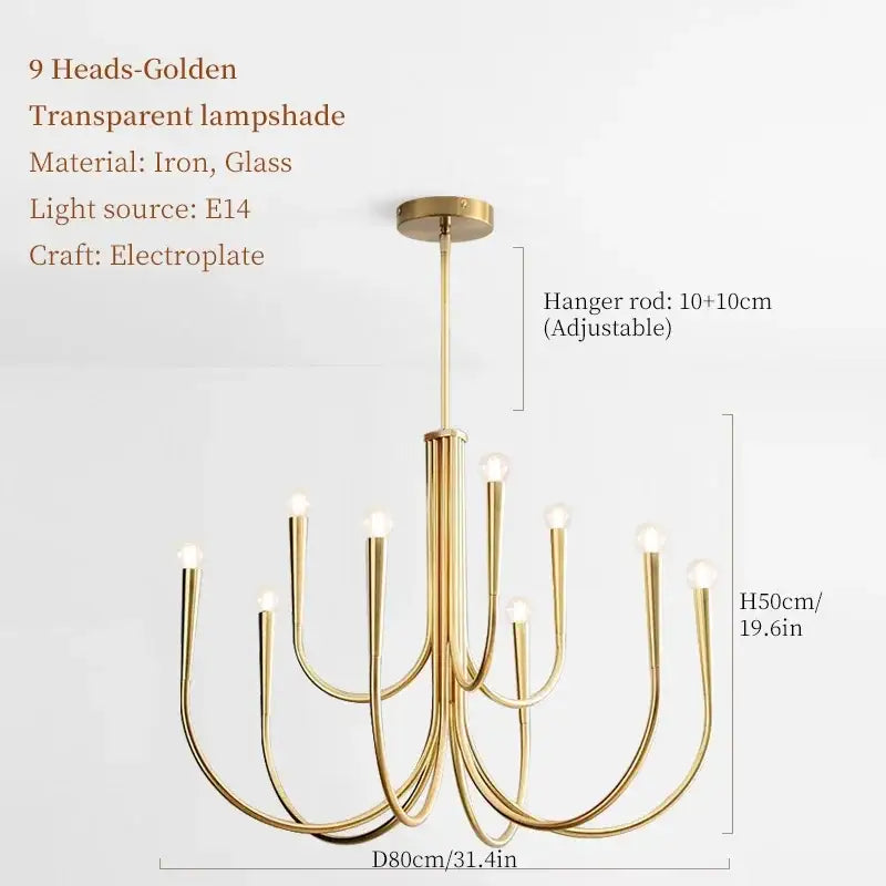 Decorbites french candle led chandelier with nine curved golden iron arms and transparent glass lampshades in black and gold
