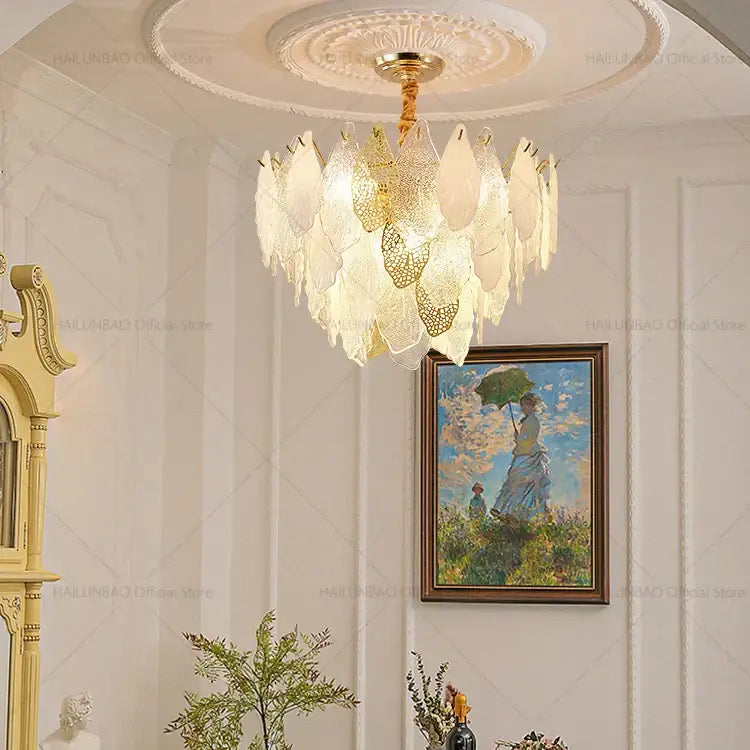 Elegant decorbites french crystal chandelier featuring layered translucent gold leaf glass shades for living room lighting