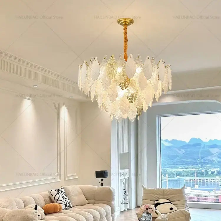 Elegant gold-toned decorbites french crystal chandelier with layered translucent leaf glass panels for living room lighting